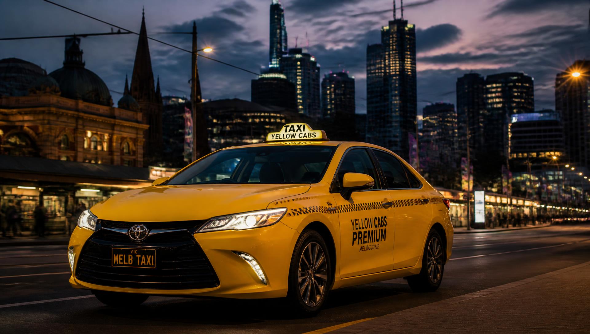 Premium yellow Melbourne taxi on a city street at dusk