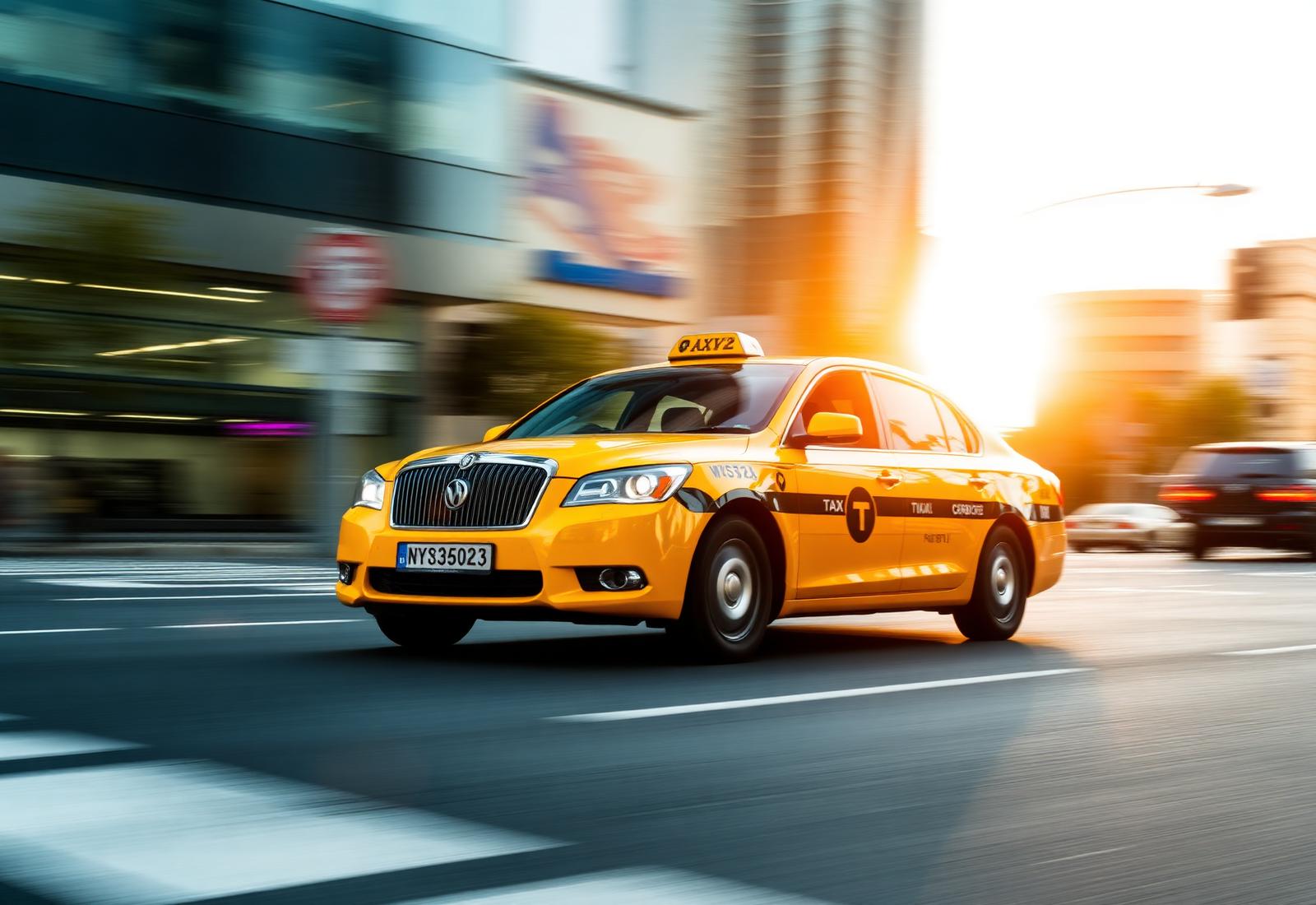 Yellow taxi driving through a Melbourne street at golden hour